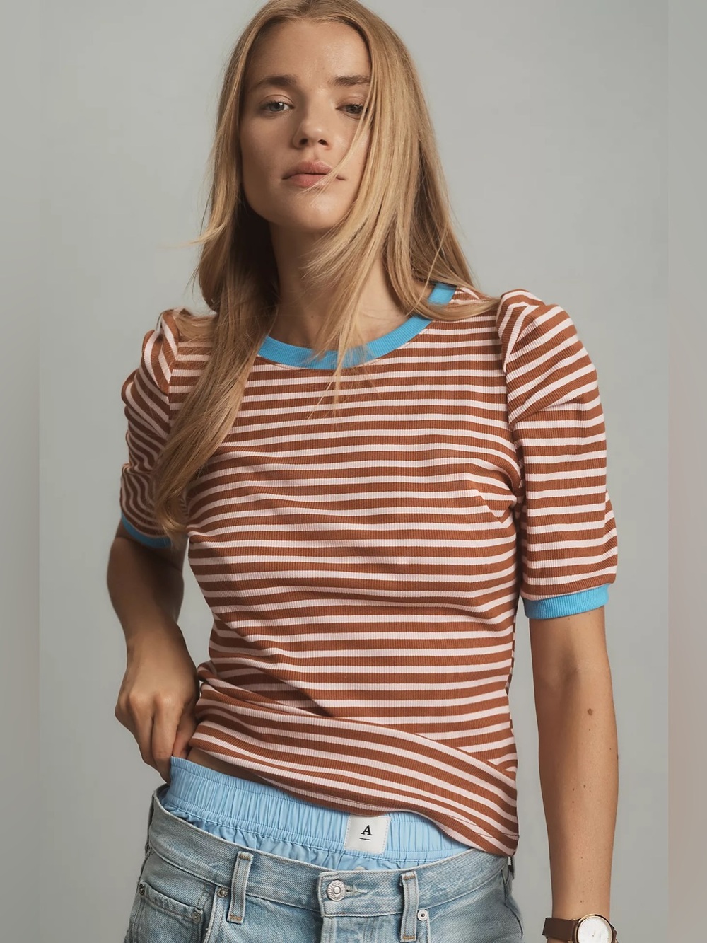 Anthropologie Maeve Puff-Sleeve Striped Top XS Brown Pink Blue Ringer Ribbed